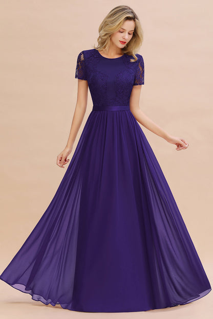 Modest Burgundy Chiffon Bridesmaid Dress Short Sleeves Lace Aline Evening Dress with Sash