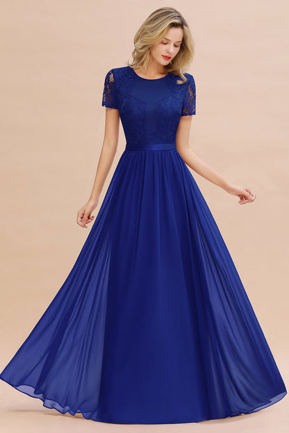Modest Burgundy Chiffon Bridesmaid Dress Short Sleeves Lace Aline Evening Dress with Sash