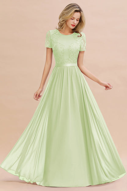 Modest Burgundy Chiffon Bridesmaid Dress Short Sleeves Lace Aline Evening Dress with Sash