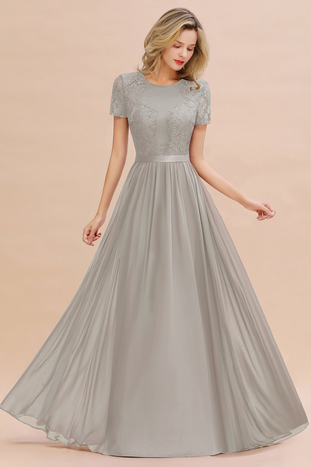 Modest Burgundy Chiffon Bridesmaid Dress Short Sleeves Lace Aline Evening Dress with Sash
