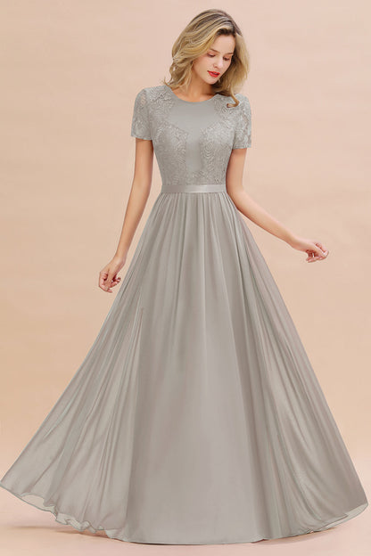 Modest Burgundy Chiffon Bridesmaid Dress Short Sleeves Lace Aline Evening Dress with Sash