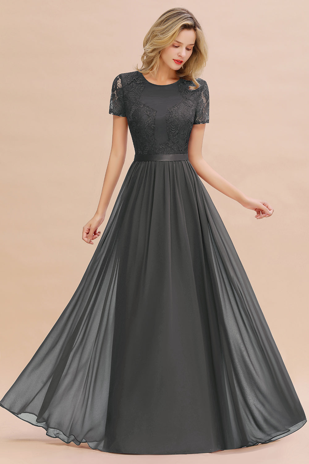 Modest Burgundy Chiffon Bridesmaid Dress Short Sleeves Lace Aline Evening Dress with Sash