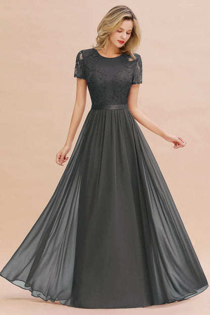 Modest Burgundy Chiffon Bridesmaid Dress Short Sleeves Lace Aline Evening Dress with Sash