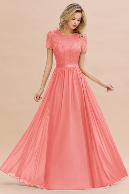 Modest Burgundy Chiffon Bridesmaid Dress Short Sleeves Lace Aline Evening Dress with Sash