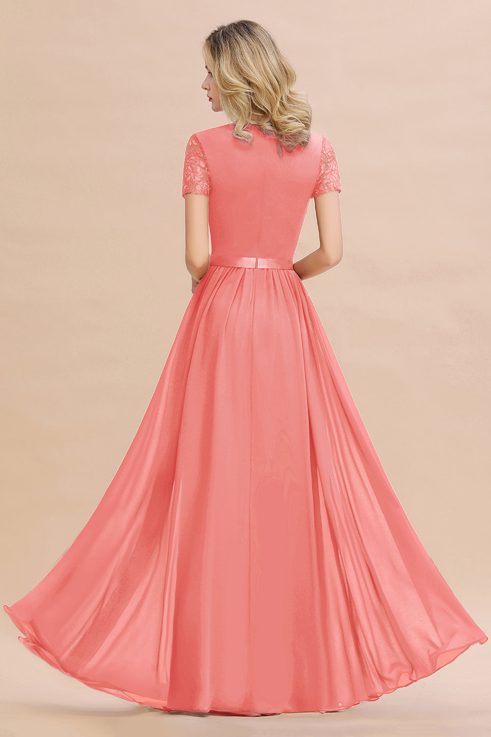 Modest Burgundy Chiffon Bridesmaid Dress Short Sleeves Lace Aline Evening Dress with Sash