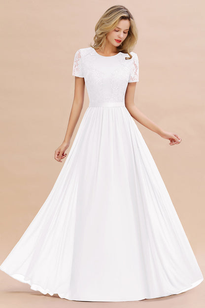 Modest Burgundy Chiffon Bridesmaid Dress Short Sleeves Lace Aline Evening Dress with Sash