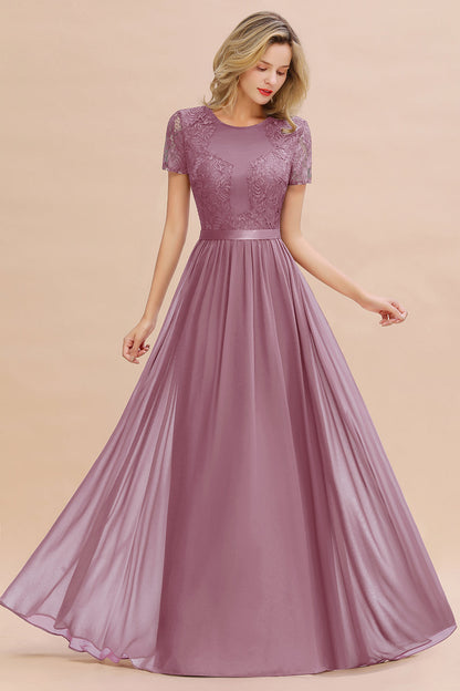 Modest Burgundy Chiffon Bridesmaid Dress Short Sleeves Lace Aline Evening Dress with Sash