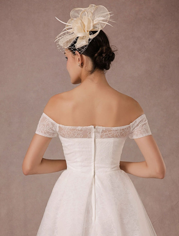 Short Wedding Dress Lace Off The Shoulder Mini A-Line Vintage Bridal Dress