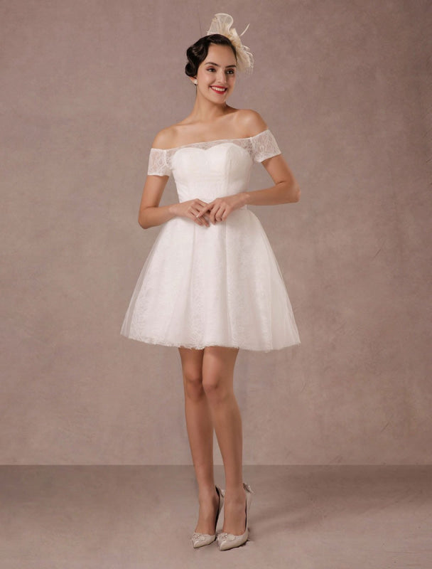 Short Wedding Dress Lace Off The Shoulder Mini A-Line Vintage Bridal Dress
