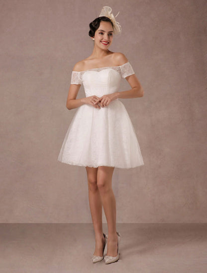 Short Wedding Dress Lace Off The Shoulder Mini A-Line Vintage Bridal Dress