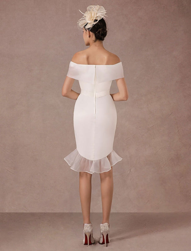 Short Wedding Dress Mermaid Off-The-Shoulder Satin Vintage Ruffles Mini Bridal Summer Wedding Dresses
