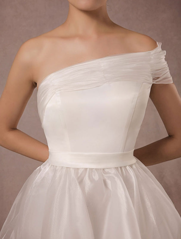 Short Wedding Dress Organza One-Shoulder A-Line Backless Satin Mini Summer Wedding Dresses