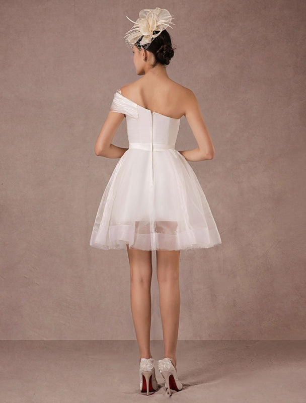 Short Wedding Dress Organza One-Shoulder A-Line Backless Satin Mini Summer Wedding Dresses