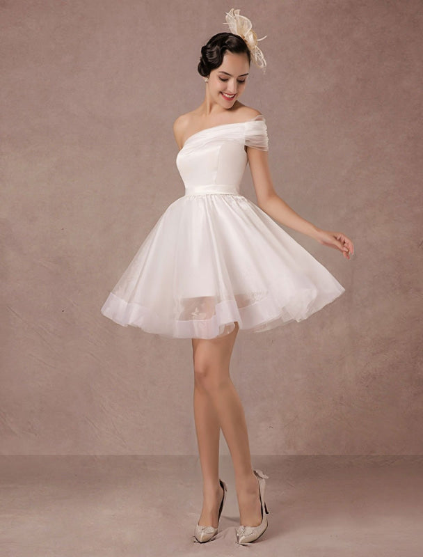 Short Wedding Dress Organza One-Shoulder A-Line Backless Satin Mini Summer Wedding Dresses