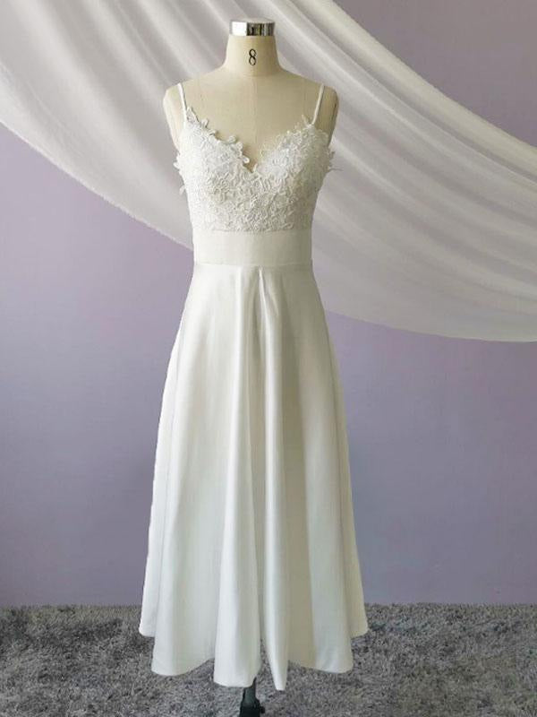 Short Wedding Dress V Neck Sleeveless A Line Tea Length Straps Bridal Gowns