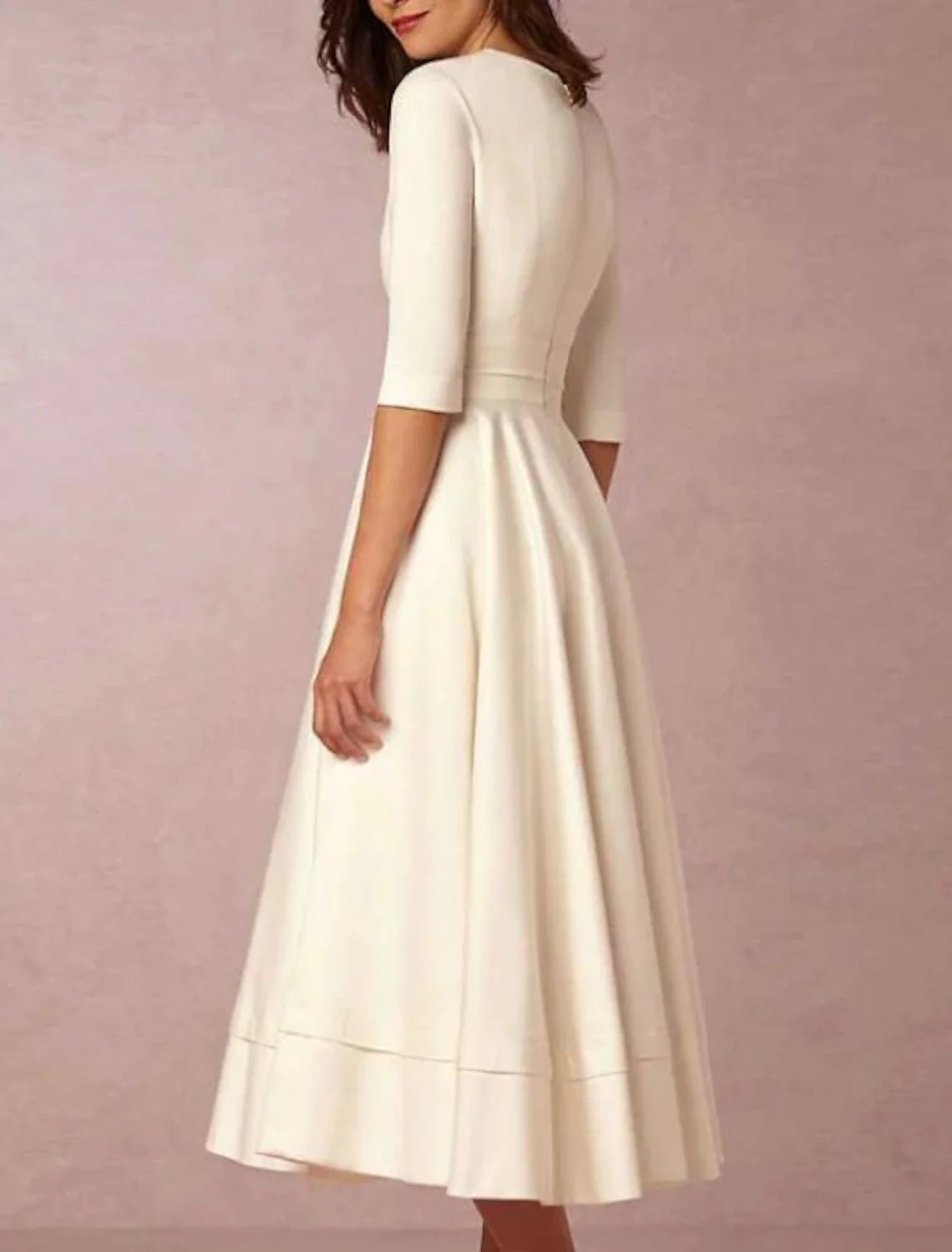 Reception Vintage 1940s / 1950s Little White Dresses Wedding Dresses A-Line V Neck Half Sleeve Tea Length Satin Bridal Gowns With Pleats White & Ivory ship in 48 hours
