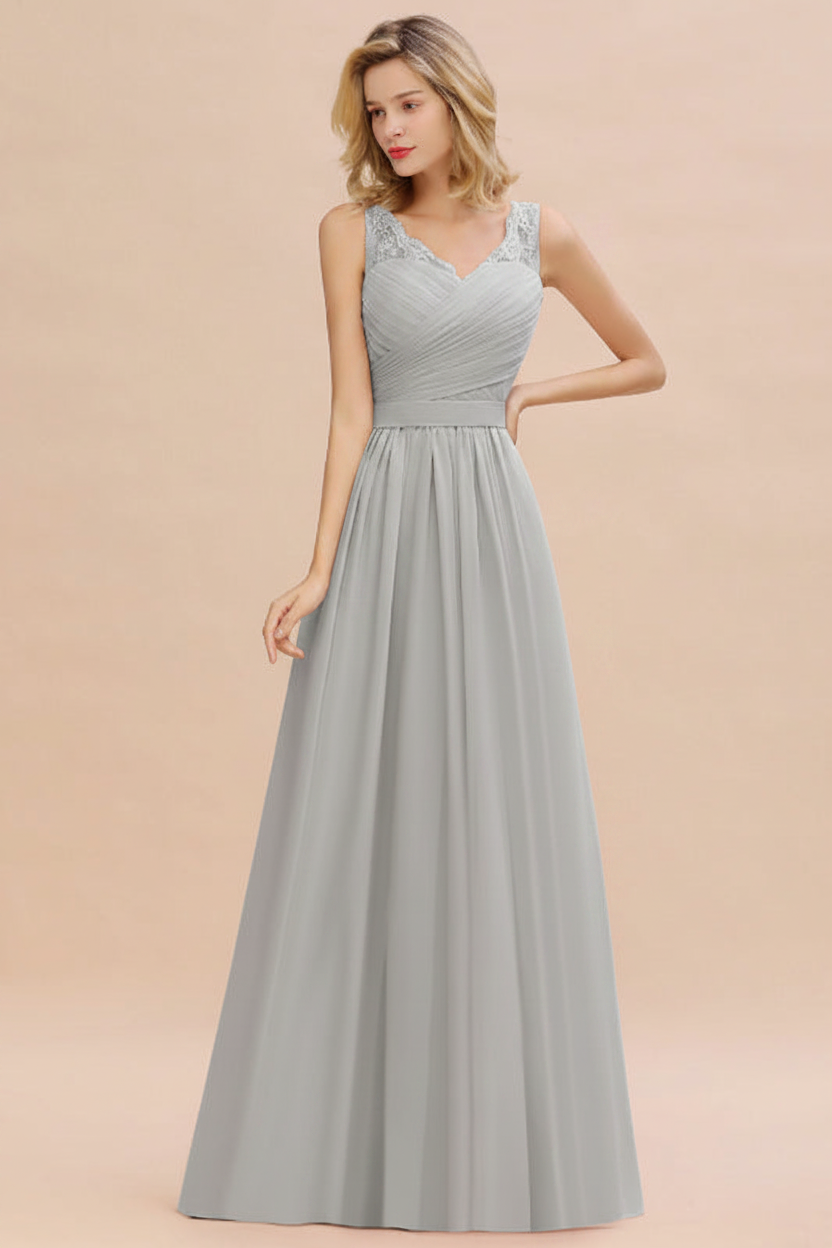Modest Floral Lace A-line Bridesmaid Dress V-Neck Ruched Chiffon Wedding Guest Dress