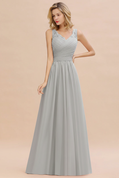 Modest Floral Lace A-line Bridesmaid Dress V-Neck Ruched Chiffon Wedding Guest Dress
