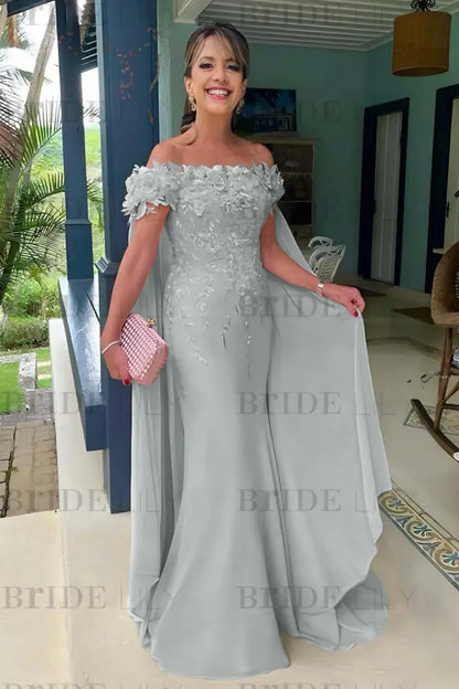 Off-The-Shoulder Mermaid Chiffon Wedding Guest Dresses Long with Appliques