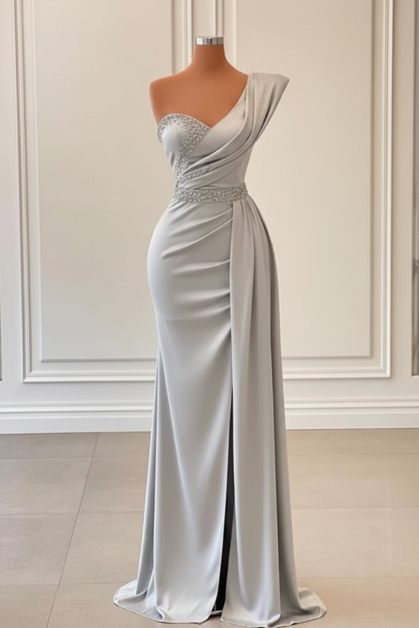Sage One-Shoulder Split Mermaid Prom Dress With Beadings
