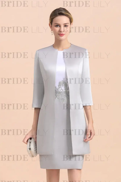 Silver Short Mother Of the Bride Dress Knee-Length Two Pieces Wedding Guest Outfits