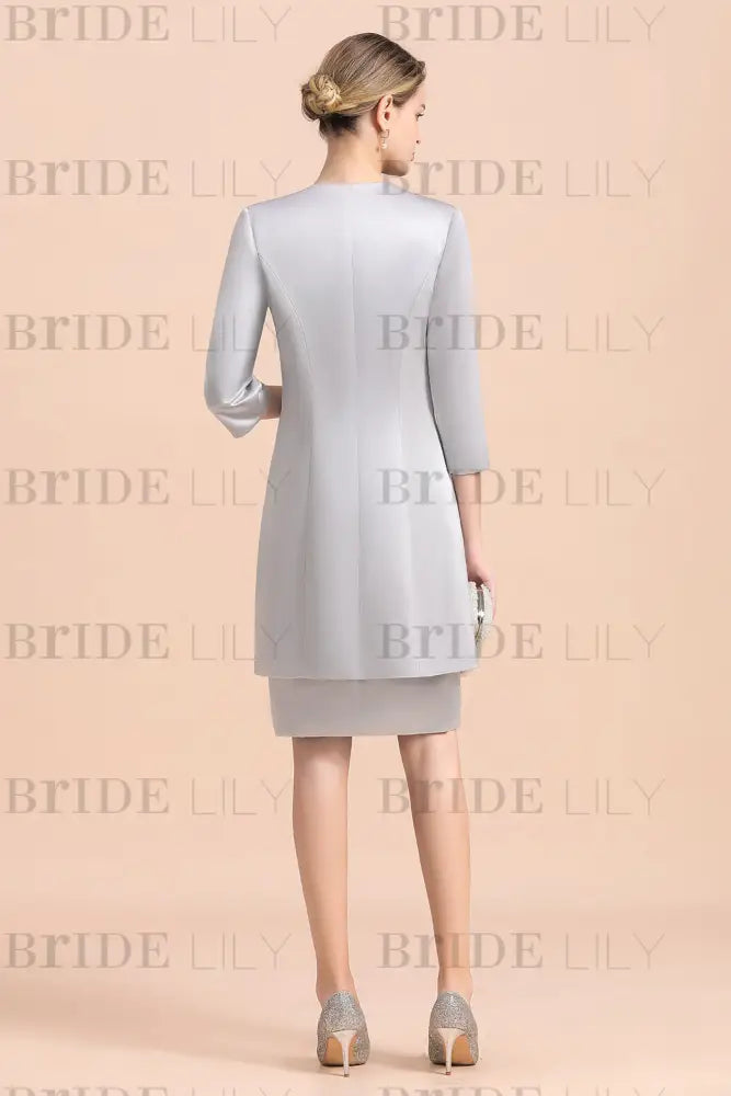 Silver Short Mother Of the Bride Dress Knee-Length Two Pieces Wedding Guest Outfits