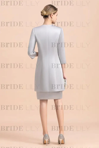 Silver Short Mother Of the Bride Dress Knee-Length Two Pieces Wedding Guest Outfits