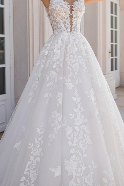 Simple Lace A-Line Wedding Dresses Sweetheart Tulle Appliques Bridal Dress with Cape