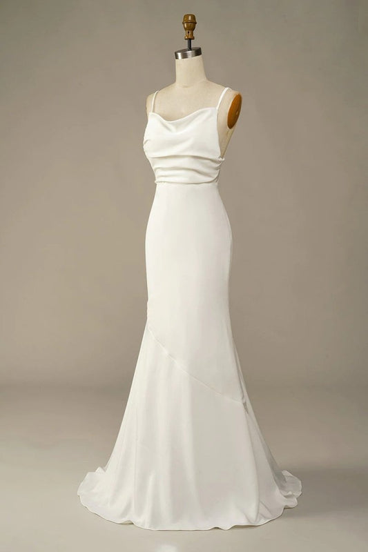 Simple Spaghetti Straps Long Soft Satin Ivory Mermaid Beach Wedding Dresses