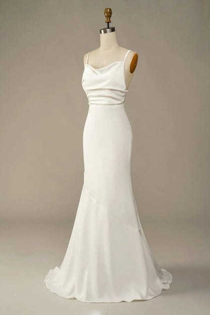 Simple Spaghetti Straps Long Soft Satin Ivory Mermaid Beach Wedding Dresses