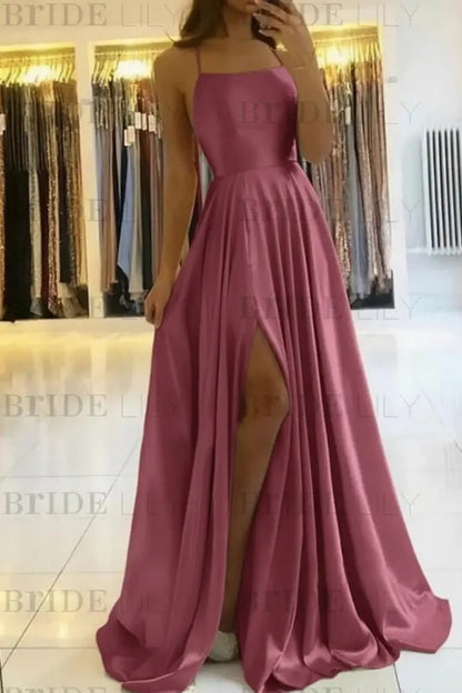 Simple Prom Dress Long With Spaghetti Straps Front Slit Satin Evening Dress