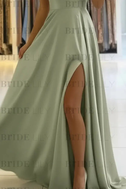 Simple Prom Dress Long With Spaghetti Straps Front Slit Satin Evening Dress