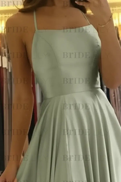 Simple Prom Dress Long With Spaghetti Straps Front Slit Satin Evening Dress