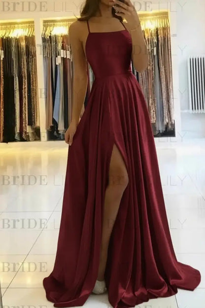 Simple Prom Dress Long With Spaghetti Straps Front Slit Satin Evening Dress