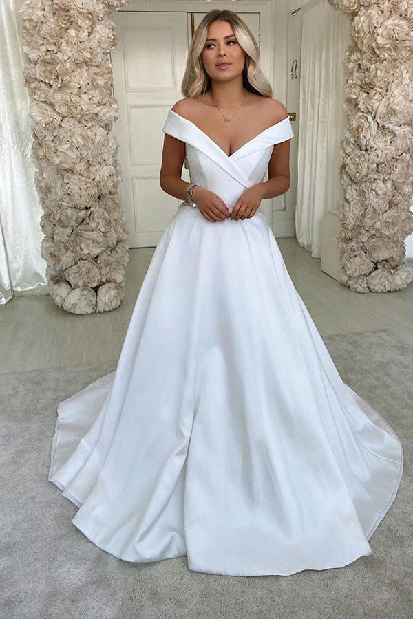 White Off The Shoulder Wedding Dress A Line Satin Bridal Dress Floor Length Solid Color Simple Elegant