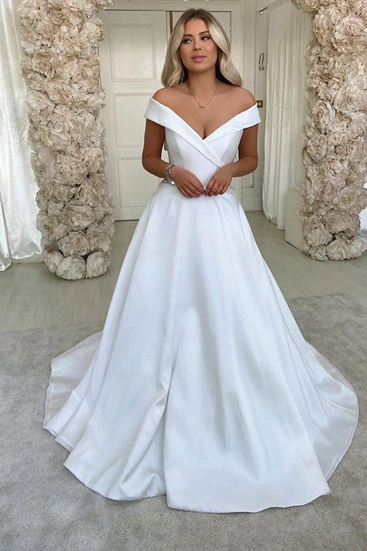 White Off The Shoulder Wedding Dress A Line Satin Bridal Dress Floor Length Solid Color Simple Elegant