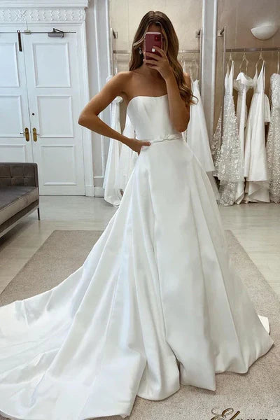 Simple Satin A-Line Sweetheart Strapless Belt With Train Wedding Dress Off Shoulder