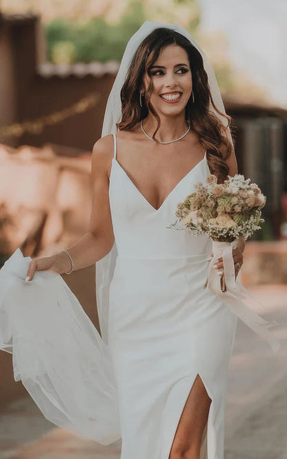 Simple Mermaid Satin Wedding Dress With Split Front And Deep-V Back White
