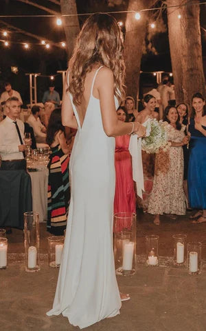 Simple Mermaid Satin Wedding Dress With Split Front And Deep-V Back White