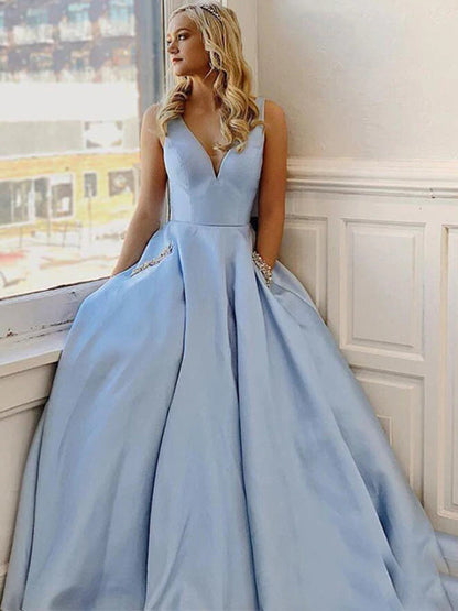 Simple V Neck Light Blue Satin Long Prom Dresses Formal Graduation Evening Dresses