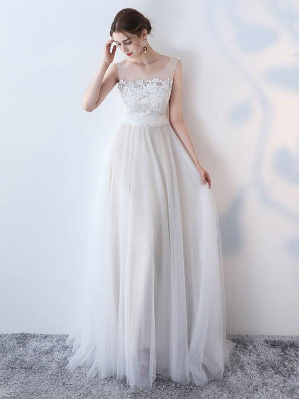 Simple Wedding Dres A Line Jewel Neck Sleeveless Bows Lace Tulle Bridal Dresses