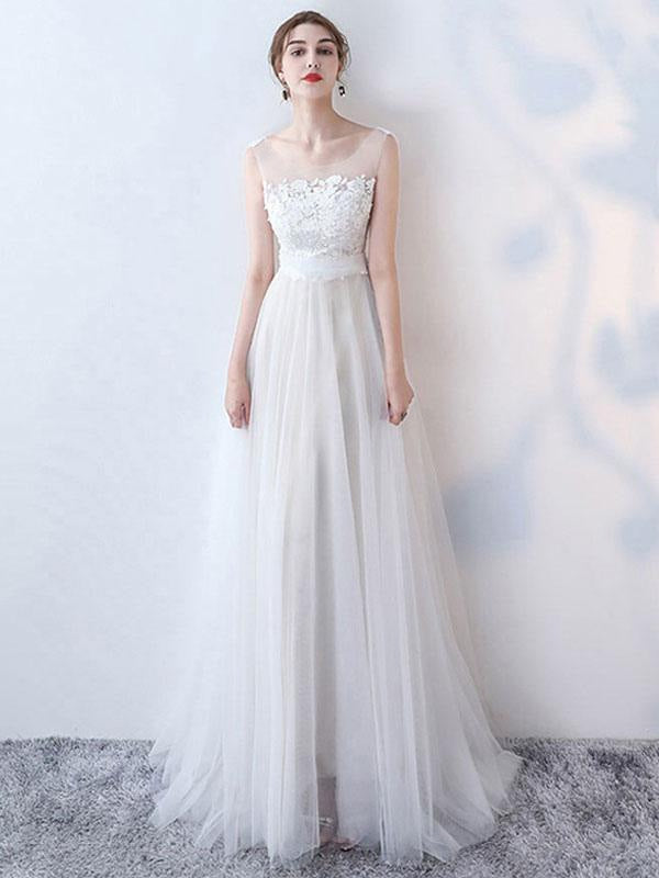 Simple Wedding Dres A Line Jewel Neck Sleeveless Bows Lace Tulle Bridal Dresses