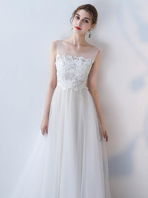 Simple Wedding Dres A Line Jewel Neck Sleeveless Bows Lace Tulle Bridal Dresses