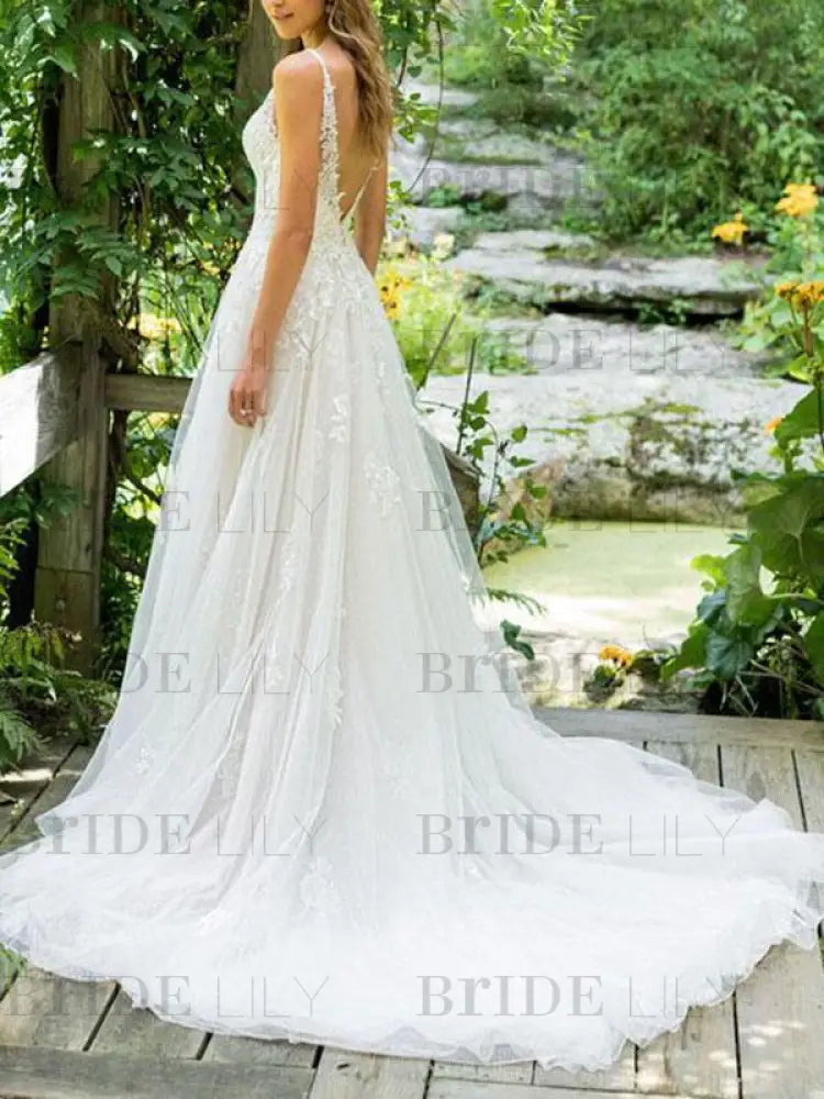 Simple Wedding Dress A Line V Neck Sleeveless Floor Length Beach Bridal Dresses With Train