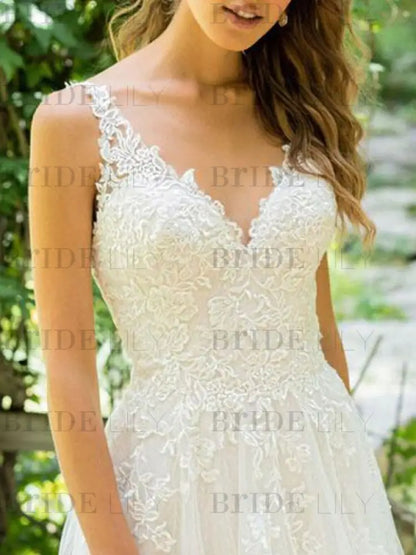Simple Wedding Dress A Line V Neck Sleeveless Floor Length Beach Bridal Dresses With Train