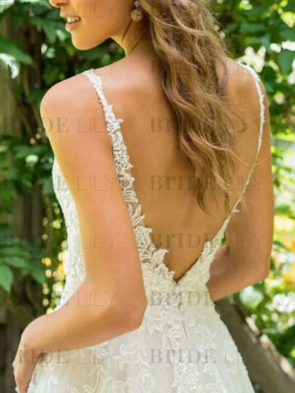 Simple Wedding Dress A Line V Neck Sleeveless Floor Length Beach Bridal Dresses With Train