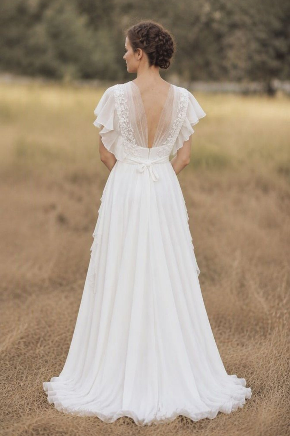 Simple Wedding Dress A Line Designed Neckline Sleeveless Applique Chiffon Bridal Gowns