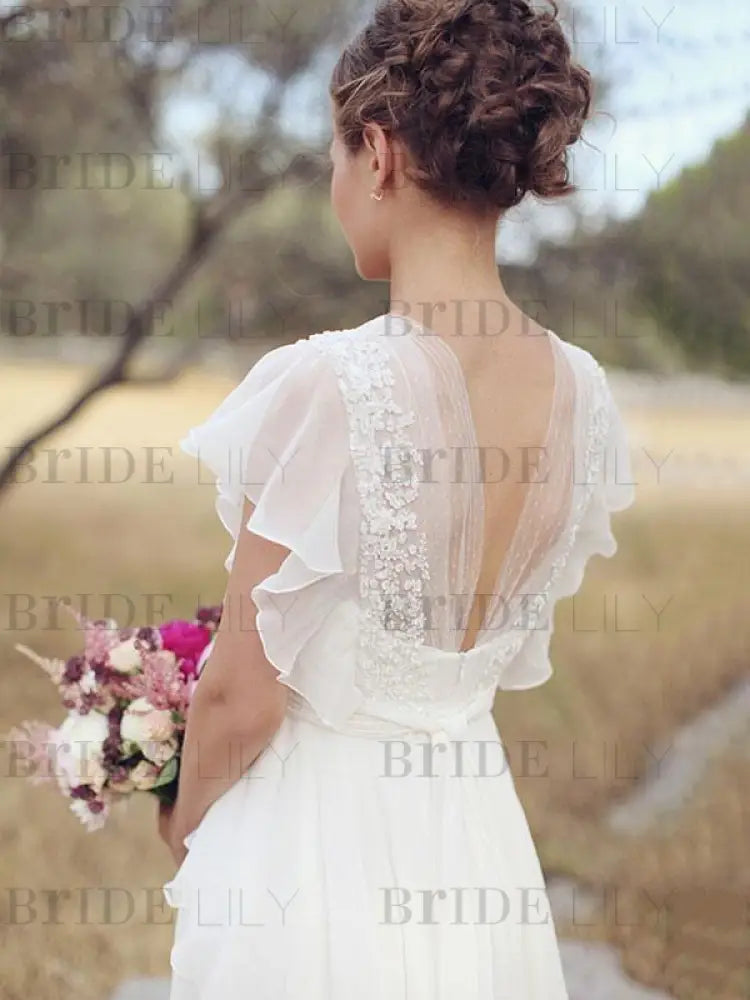 Simple Wedding Dress A Line Designed Neckline Sleeveless Applique Chiffon Bridal Gowns