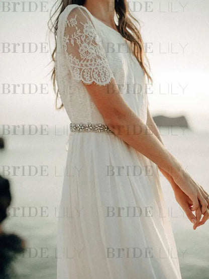 Simple Wedding Dress A Line Jewel Lace Short Sleeves Chiffon Beach Bridal Gowns