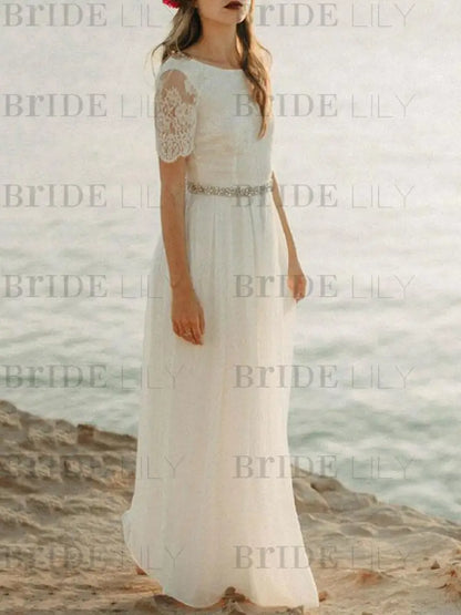 Simple Wedding Dress A Line Jewel Lace Short Sleeves Chiffon Beach Bridal Gowns